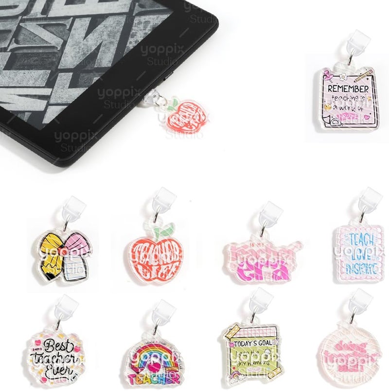 YOPPIX 9PCS Charms for E-Reader, About Teacher Theme Dust Plug Charm Compatible with Type C Charging Port, Gift for Book Lover Readers Men Women Teachers Students, Accessories for E-Reader - Image 1